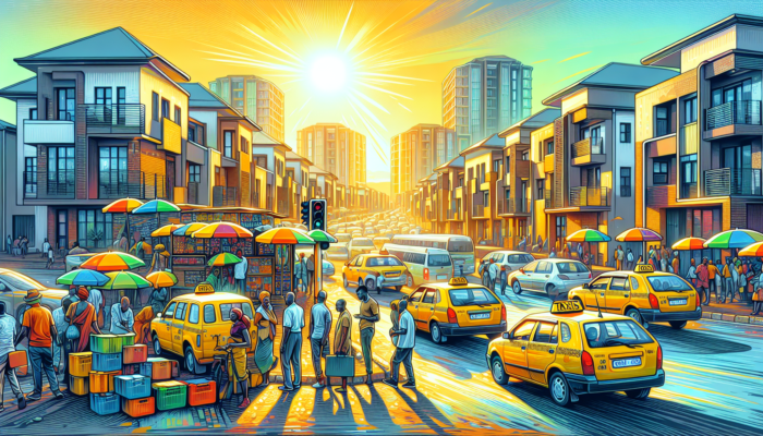 A lively Witbank street with yellow taxis queued at a rank, residents hailing rides under clear skies, and modern homes in the background.