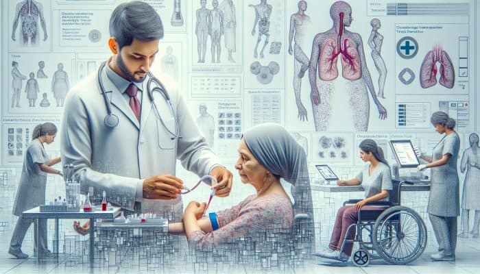 A modern NHS clinic in Potters Bar: patients booking thyroid tests on digital portals, a doctor drawing blood, and home visits for mobility-challenged individuals.