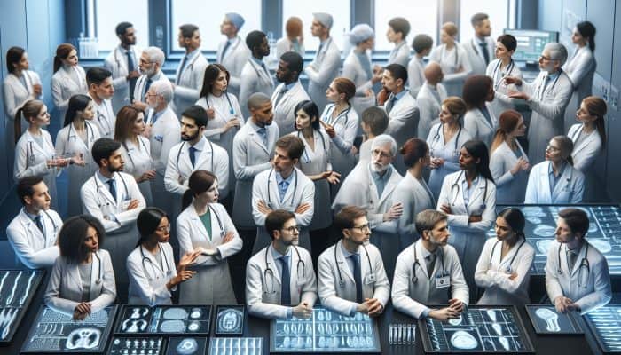 Medical professionals in white coats discuss gluten intolerance testing in a contemporary Carlisle clinic featuring lab equipment and digital screens.