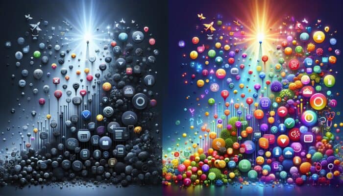 Illustration depicting the impact of SEO: a dim underperforming product page with low traffic icons versus a vibrant one with rising graphs and sales symbols.