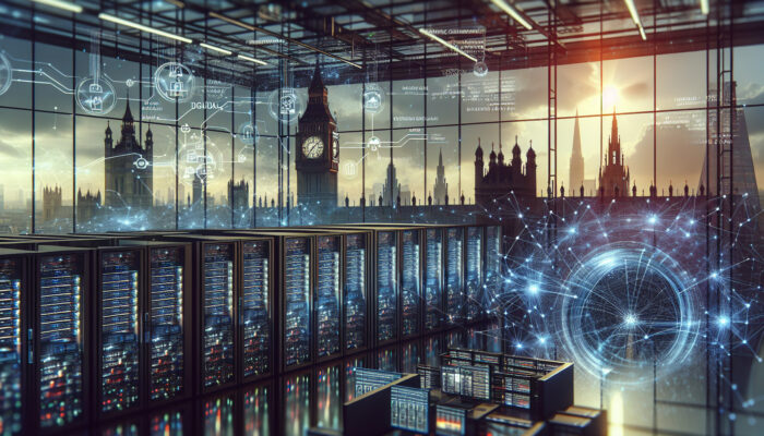 Illustration of the UK's remote cheque clearing: digital networks, servers in a modern London office with Big Ben, dynamic data flows emphasising efficiency and innovation.