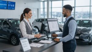 A woman and a man in business attire stand at a car dealership desk. Smiling, the woman hands a card to the man as they discuss car rental options by a computer with forms, surrounded by cars in a bright showroom with large windows.