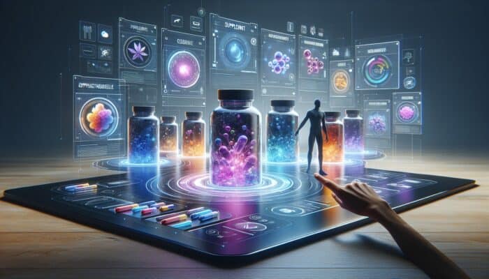 Digital interface with vibrant supplement bottles and engaging text, showcasing a user scrolling in a modern layout.