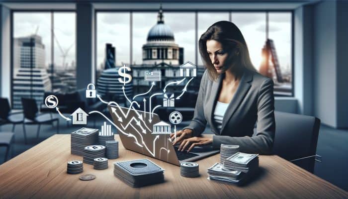 Determined borrower in modern London office reviews credit reports on laptop, surrounded by financial charts, documents, and symbolic paths to outcomes.