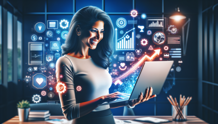 An enthusiastic small business owner in a modern office reviews a sleek website redesign on a laptop, surrounded by trending graphs, satisfied customers, and vibrant growth icons.