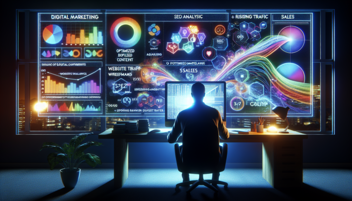 A digital marketer in Bridgwater analyses local keywords on a glowing screen, surrounded by SEO charts and rising traffic graphs.