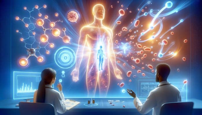 Illustration of balanced testosterone and estrogen molecules floating in a glowing human body, with UK endocrinologists observing data charts symbolizing sexual health.