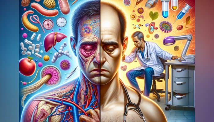 Split medical illustration: Left, weary patient with facial swelling and fatigue ignoring tests amid chaotic icons; right, vibrant person receiving cortisol testing in bright clinic.