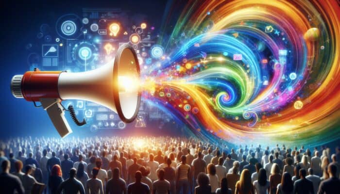 How to Engage with Supplement Followers Online: A vibrant illustration of a glowing megaphone amplifying messages to a diverse urban crowd, with swirling colours symbolising creativity and consistency.