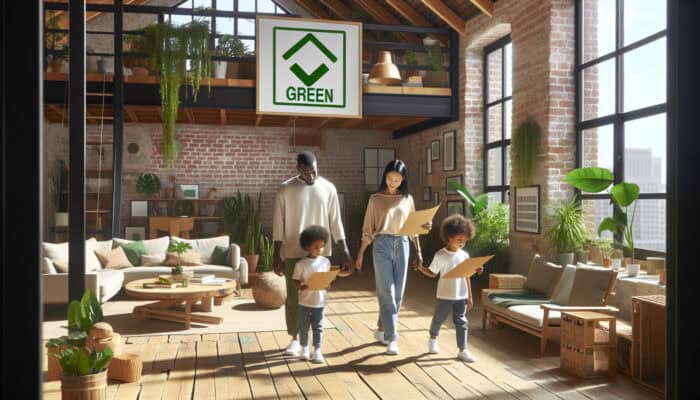 A sunlit eco-friendly loft with repurposed furniture, potted plants, and solar panels; a family enjoys more space and improved air quality.