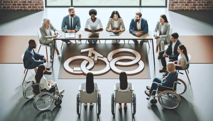 A diverse group of professionals from various ethnicities, genders, and abilities reviews resumes in an accessible office, symbolizing inclusive hiring.