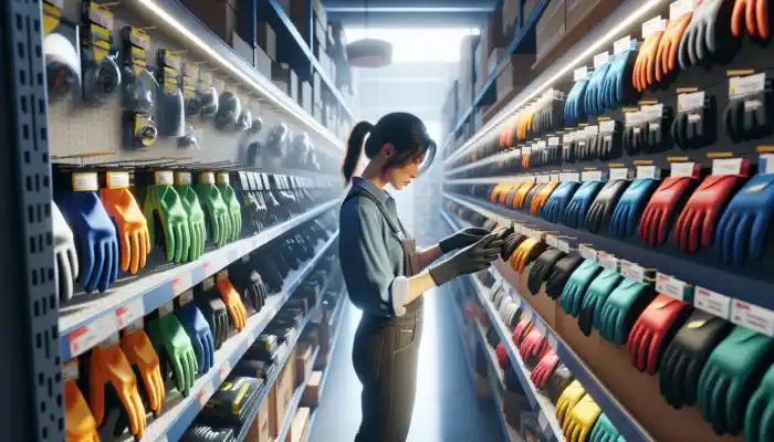 A worker examines colourful safety gloves in a bright hardware store aisle, surrounded by helmets and goggles on shelves.