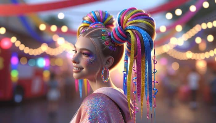 A vibrant young woman with colorful bubble ponytails in pink, blue, and yellow bands, glittery accents, and ribbons in a festive outdoor scene.