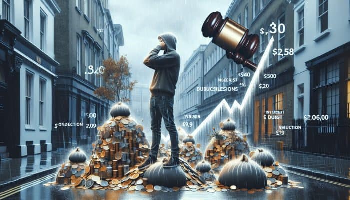 Stressed individual on a rainy London street, overwhelmed by debt documents, coins, a looming gavel, and rising interest graphs, symbolizing UK debt consolidation challenges.