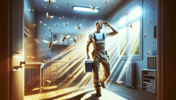 A worker wipes sweat in a hot summer house, inspecting for insects with open windows and sunlight, ensuring safety.