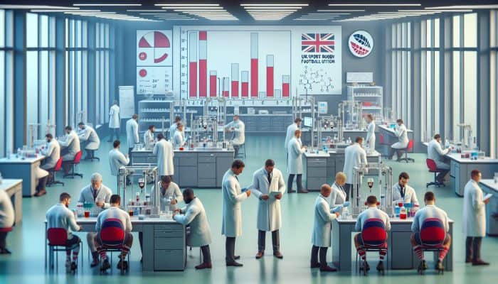 High-tech UK laboratory with scientists in white coats analyzing testosterone samples, overseen by officials and waiting rugby athletes.
