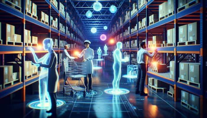Holographic virtual assistants in a bustling warehouse scan shelves, display real-time analytics on screens, and collaborate with workers under dynamic lighting.
