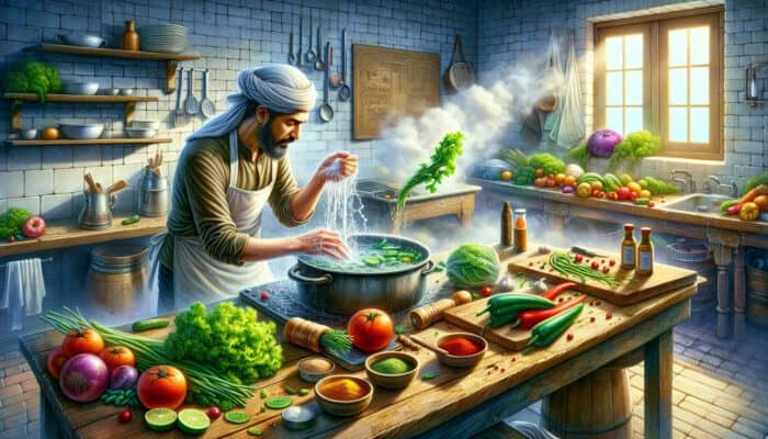 In a bustling kitchen, a chef washes fresh vegetables, chops colourful herbs on a board, and measures spices with steam rising and vibrant produce around.