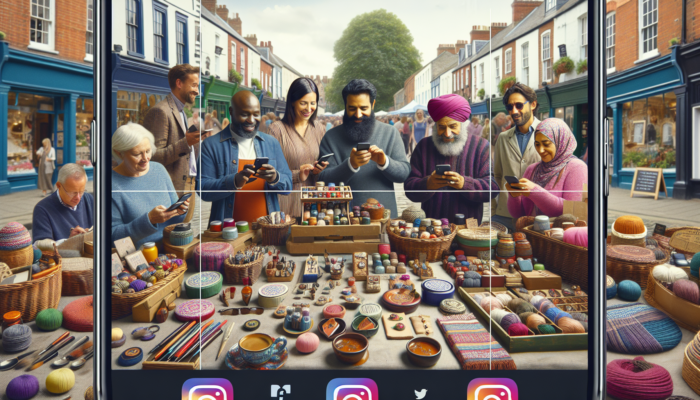 Small business owners in Devizes, UK, showcase colourful products at a market stall on Instagram, with customers engaging via messages and shopping icons.