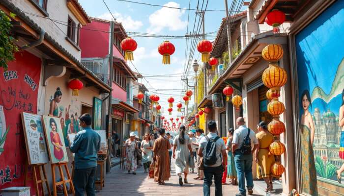 A lively street scene depicting the blend of traditional cultural elements and modern artistic expressions, featuring artists painting murals inspired by history, people in contemporary and traditional attire, and colorful decorations that celebrate creativity and cultural appreciation.