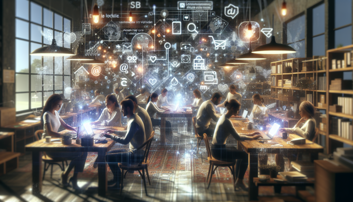 Small business owners in a Patchway shop analysing SEO data on screens, engaging in social media, and managing email campaigns for local growth.