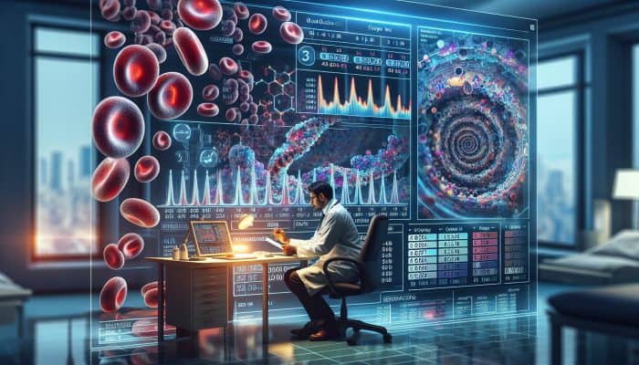 What is a HbA1c Test: A doctor in an NHS clinic reviews HbA1c test results on a screen, showing a three-month glucose graph with glowing red blood cells and blue glycated haemoglobin.