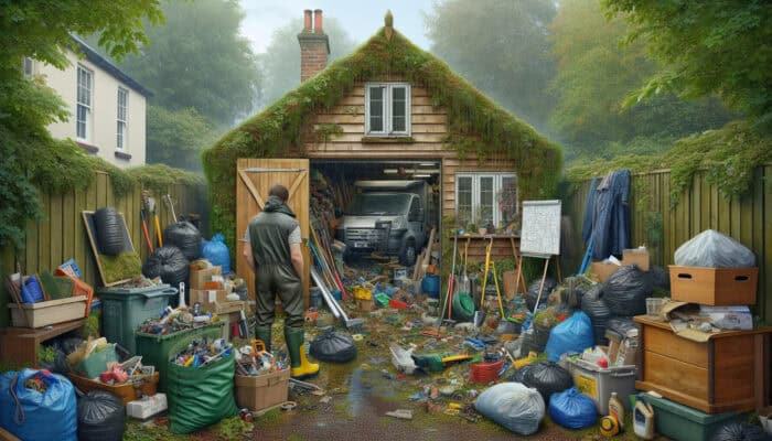 How to Get Cheap Clearance Quotes in the UK: Homeowner in wellies reviews clearance quote by cluttered shed in rainy Manchester, as workers load truck with waste and tools.