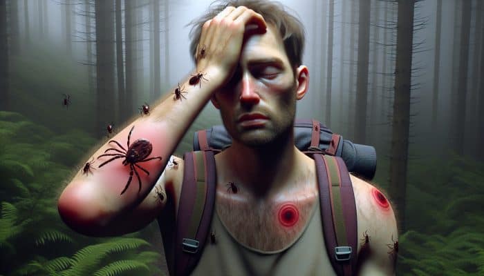 A weary hiker in misty Welsh forests with a red bull's-eye rash on his arm, showing fatigue and feverish glow, near ticks on foliage.