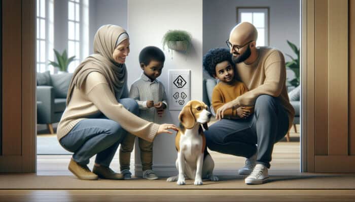 In a warm living room, parents teach children and a curious dog about electrical safety, redirecting the pet from outlets and showing posters.