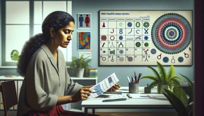 Identifying Symptoms of Irregular Periods: A diverse woman in a UK clinic examines a calendar filled with erratic menstrual markings, displaying concern over associated bloating symbols and NHS informational posters.