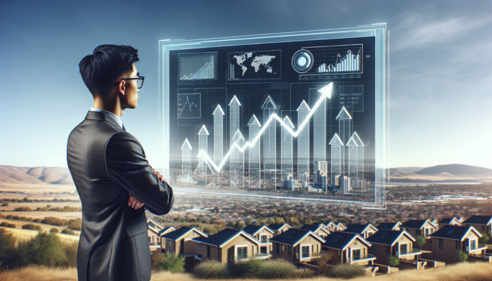 A real estate analyst presenting upward graphs of property trends for entry-level homes in Bloemfontein, with South African suburban backdrop.