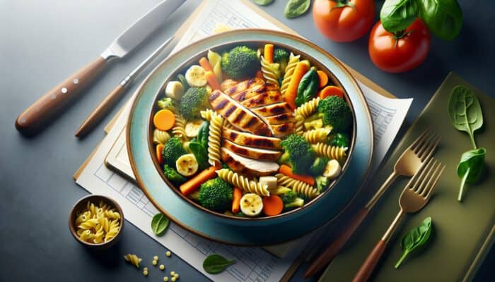 A steaming casserole with whole grain pasta, grilled chicken, and colorful vegetables like broccoli, carrots, and spinach, highlighting nutritional balance.