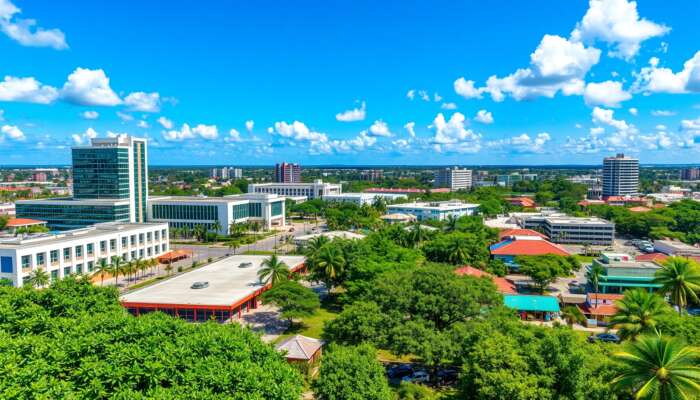 A vibrant view of Belmopan, Belize, featuring modern government buildings, lush parks, and colorful markets under a bright blue sky.