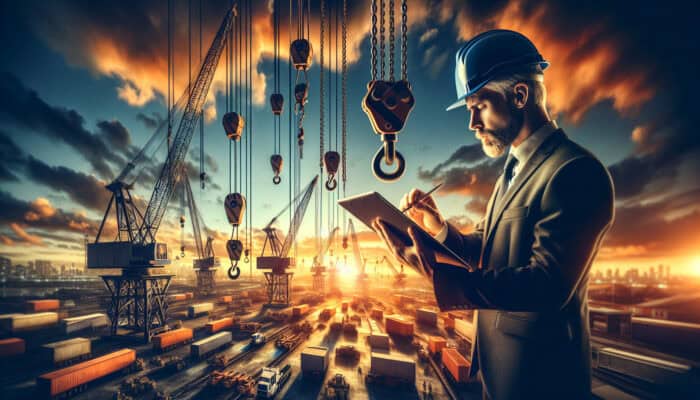 Engineer in hard hat inspects cranes, hoists, and chains on bustling construction site at sunset, emphasizing safety.