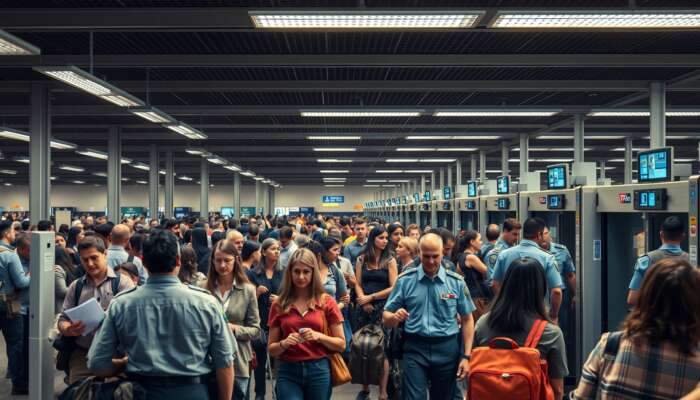 Bustling airport security checkpoint at dawn: diverse passengers queue through metal detectors, TSA agents check IDs and bags under harsh lights.