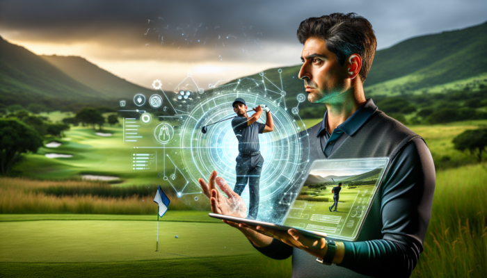 A golf coach in KwaZulu-Natal analyzes a player's swing on a tablet while the golfer practices on a lush fairway.