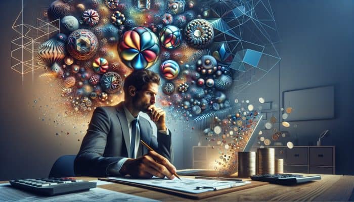 A professional reviews financial charts on a laptop in a home office, surrounded by coins, bills, a calculator, and looking thoughtful.