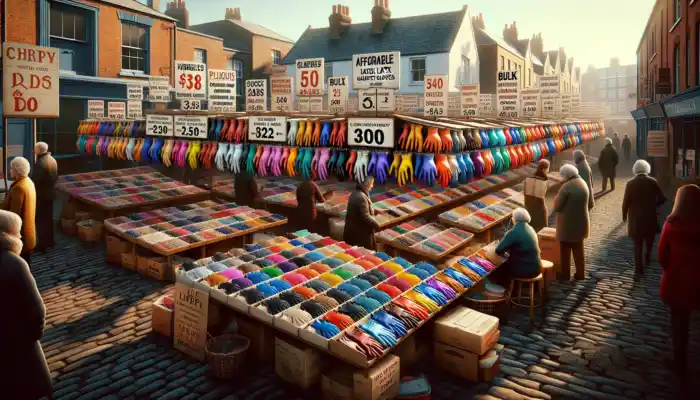 A vibrant market stall in Lichfield showcases affordable latex gauntlet gloves with discount signs, as shoppers compare prices under bright sunny skies.