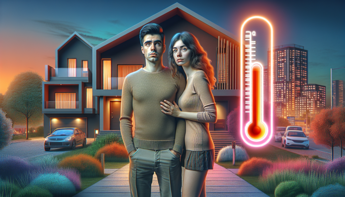 Young couple anxiously views modern house for sale with overhead graph of rising interest rates in urban landscape.