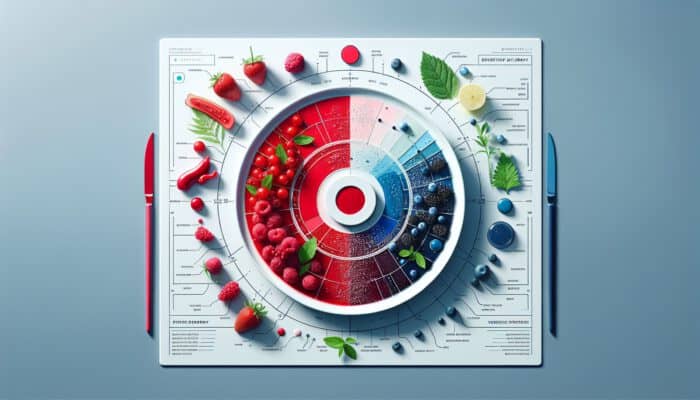 An elegant dish showcasing red berries, blue sauces, and fresh greens on a white plate, demonstrating the principles of colour psychology in a contemporary setting.