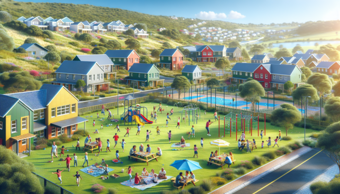 A vibrant Knysna neighbourhood with mid-level homes, lush parks, a colourful school, families picnicking, children playing, and residents socialising under a blue sky.