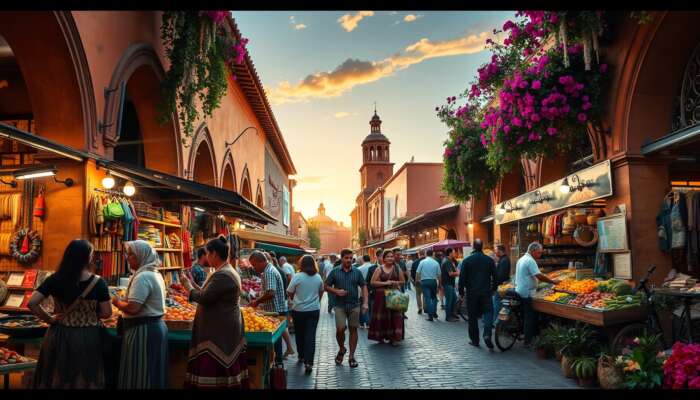 Bustling street market in San Miguel de Allende: locals haggling over colorful artesanias, fresh produce, and flowers under colonial archways at sunset.