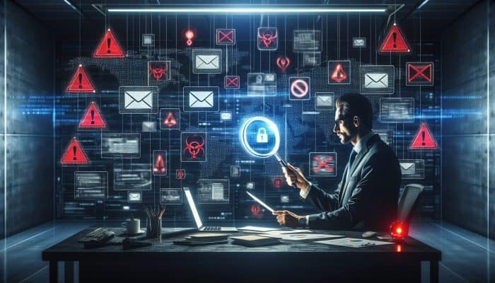 Debt Consolidation Scams to Avoid in the UK: Key Warnings | DCL A cybersecurity analyst examines deceptive emails and fake websites under a glowing magnifying glass, surrounded by red flags and alarms in a shadowy office.