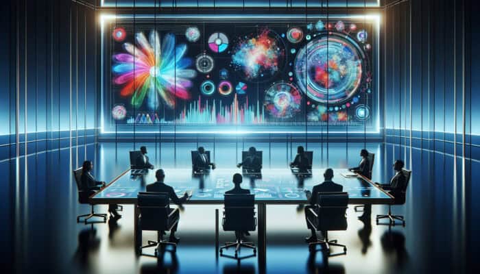 Futuristic digital dashboard in a corporate boardroom showing revenue charts, efficiency graphs, and satisfaction scores with analysts under blue lighting.