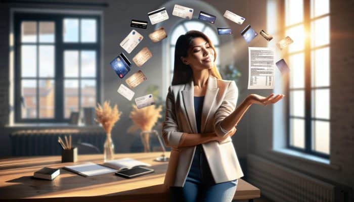 A relieved UK professional in a modern London office smiles confidently while holding a loan document, with fading store card bills symbolizing simplified debt management.