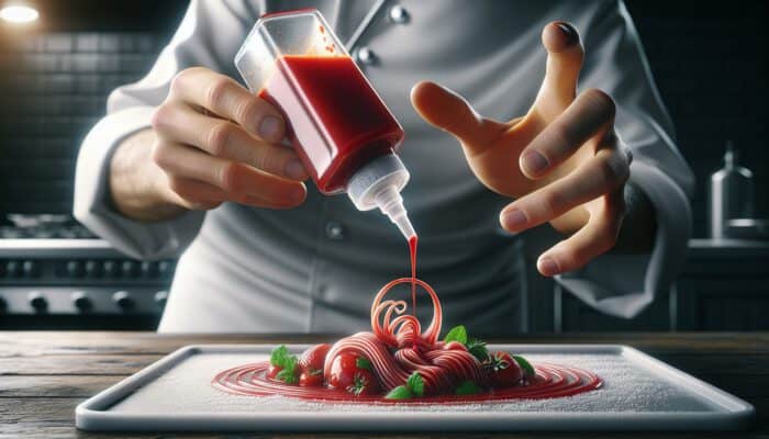 Top Ways to Drizzle Sauces Artfully: Chef's hand squeezes a translucent bottle to drizzle red sauce in intricate patterns on a gourmet dish in a well-lit kitchen.