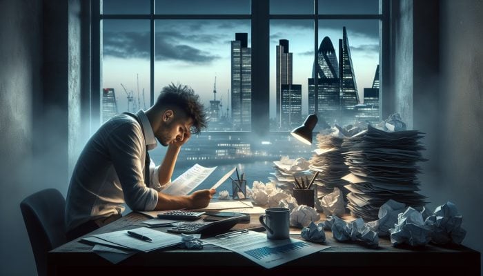 Stressed individual reviewing documents at cluttered desk with bills, transitioning to serene scene of financial freedom with ledgers and London skyline at dusk.