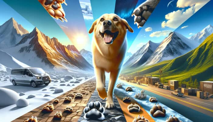 A joyful dog with glossy, protected paws strides confidently across snowy peaks and hot pavement, showcasing paw wax benefits.