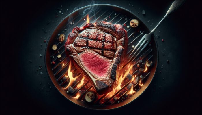 A perfectly reverse-seared steak with pink, juicy interior and crispy golden-brown crust on a grill.