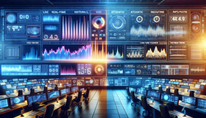 A high-tech control room with a split screen: one side shows live video metrics with flashing alerts, the other displays archival graphs of viewer trends.